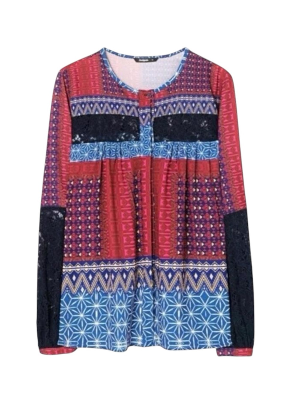 Desigual 𑁍 Mona Fucsias Boho Lace Sleeve Printed Button Down Shirt 𑁍 Blue Pink - Picture 6 of 16